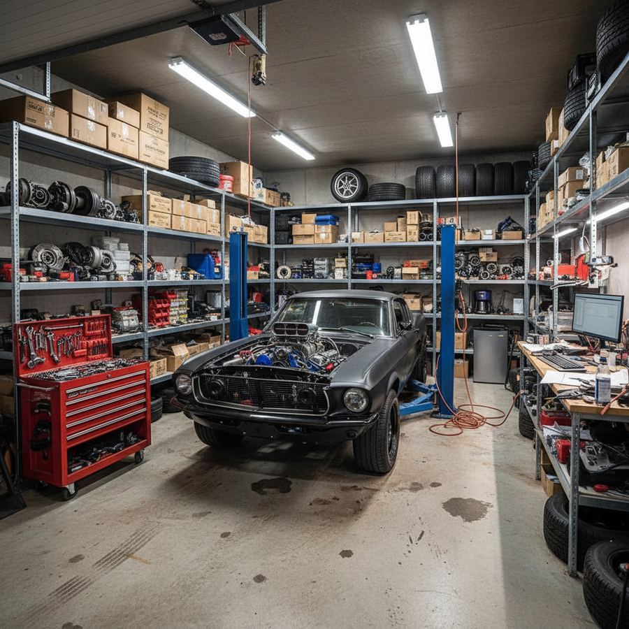 Garage workbench with laptop showing datalog software and tools nearby