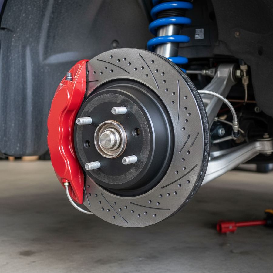 Performance slotted rotor and caliper visible through the spokes of an aftermarket wheel