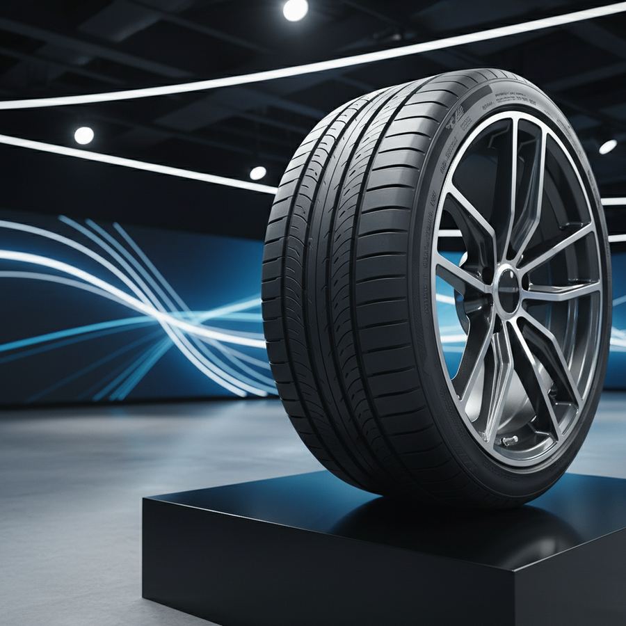 Performance tire mounted on a lightweight alloy wheel sitting in a clean garage