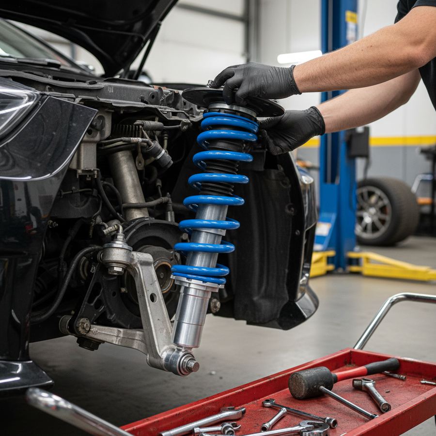 Coilover being installed on a lowered street car