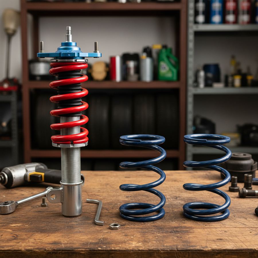 Coilover assembly next to lowering springs laid out on a workbench