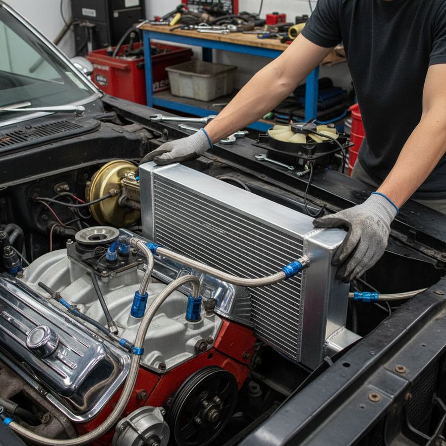 Aluminum performance radiator installed in a modified car engine bay