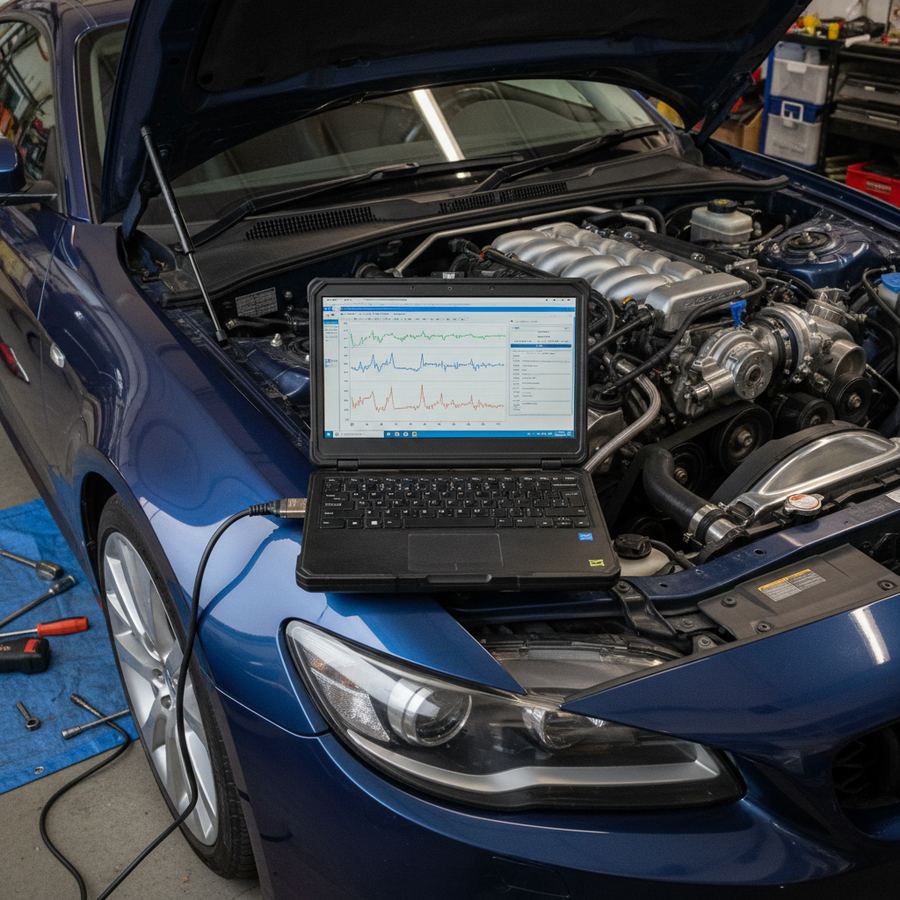 Laptop running datalogging software connected to OBD2 port in a car