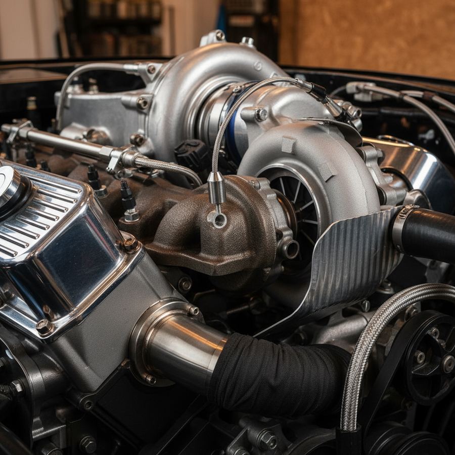 EGT gauge mounted in a turbocharged engine bay with glowing exhaust manifold