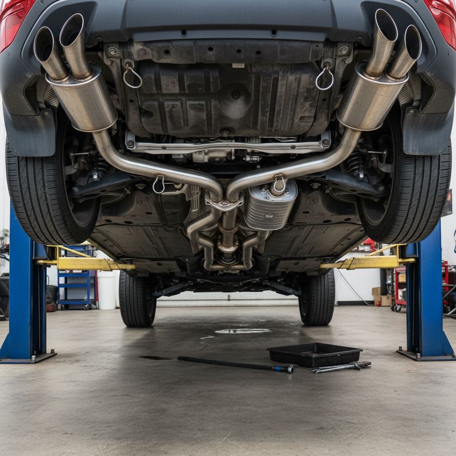 Aftermarket exhaust system on a lifted car showing hanger placement and clearance from underbody