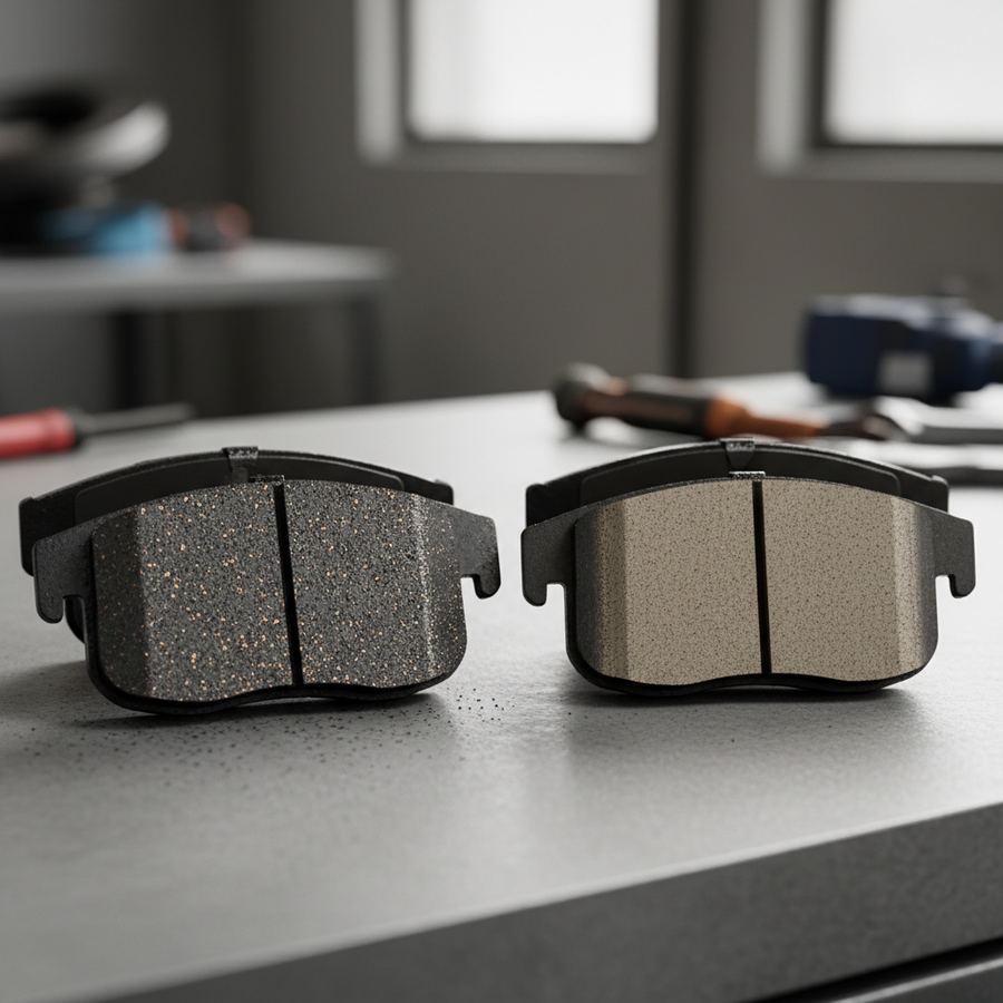 Set of performance brake pads next to stock brake pads showing difference in compound material