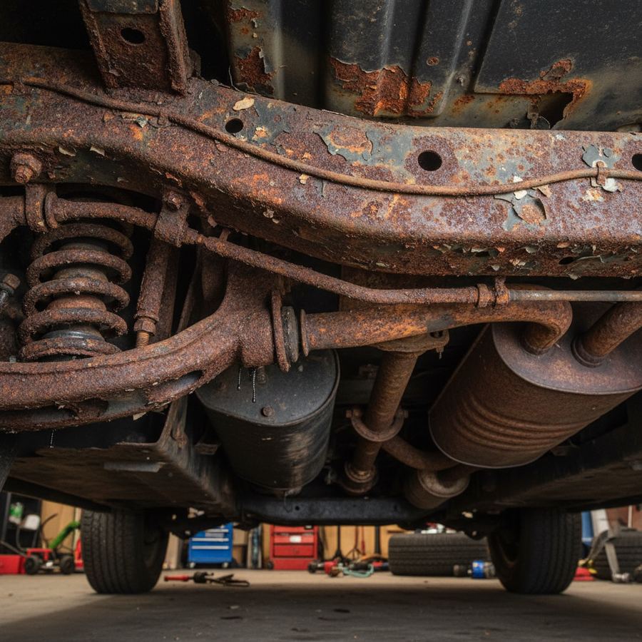 Rust forming on the undercarriage of a lowered modified car