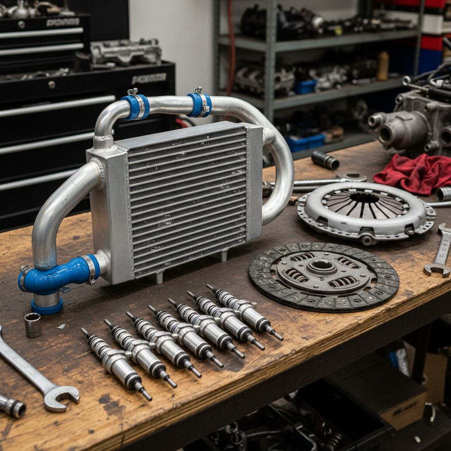 Upgraded fuel injectors and fuel pump laid out next to stock components for comparison