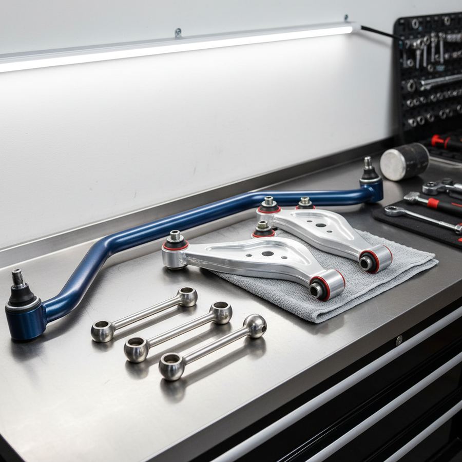 Aftermarket rear sway bar and adjustable end links installed on a modified street car